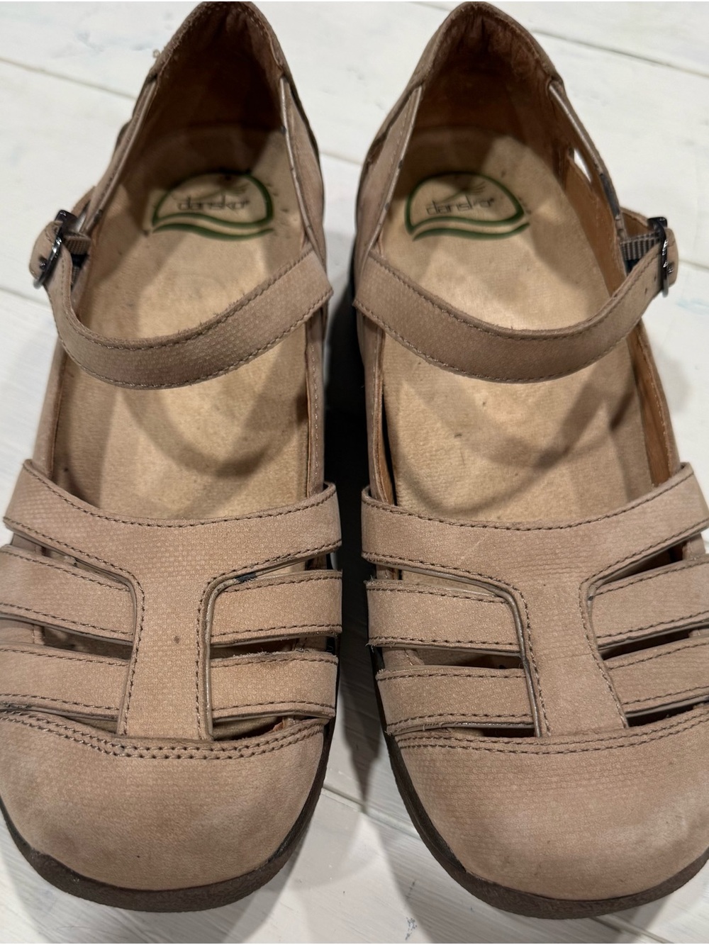 Dansko Nubuck Kiera Women's Taupe Mary Jane Flats with Adjustable Buckle Strap